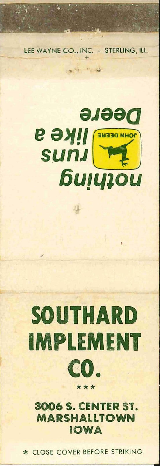 John Deere Matchbook Cover 2 Leg Southard Implement Marshalltown IA