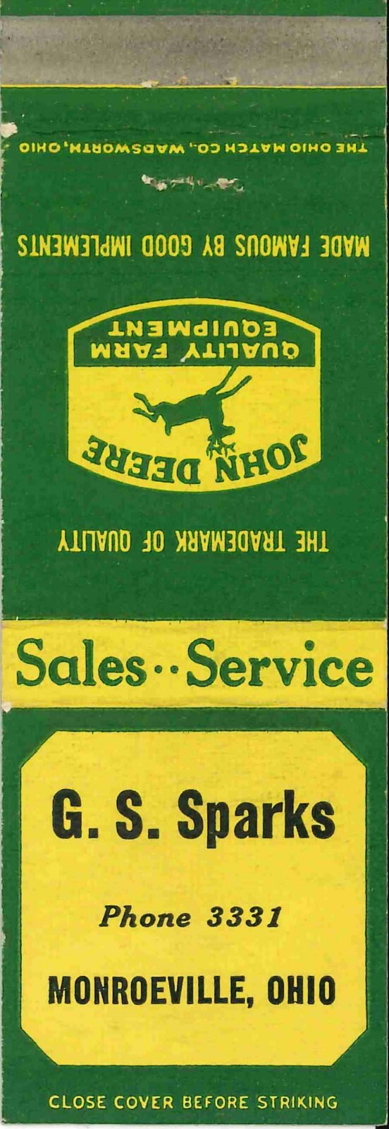 John Deere Matchbook Cover G S Sparks Monroeville OH