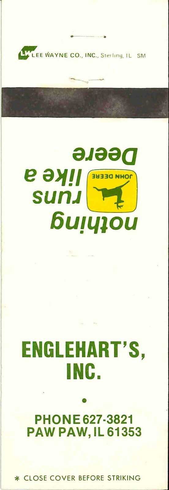 John Deere Matchbook Cover 2 Leg Engleharts Inc Paw Paw IL