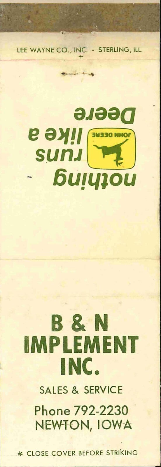 John Deere Matchbook Cover 2 Leg B N Implement Newton IA