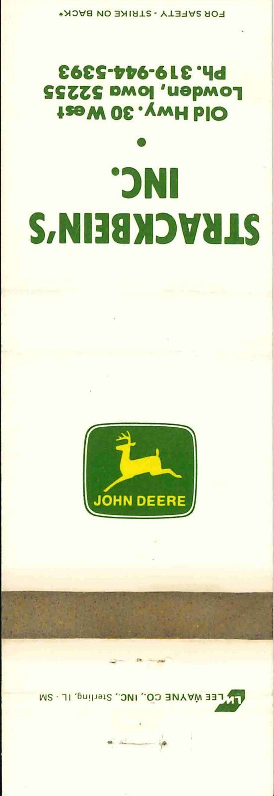 John Deere Matchbook Cover 2 Leg Strackbeins Inc Lowden IA