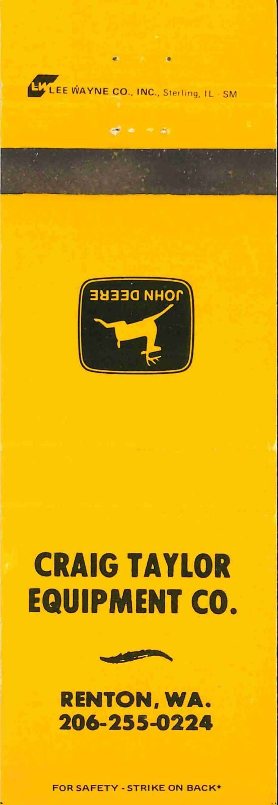 John Deere Matchbook Cover Craig Taylor Equip Co Renton WA