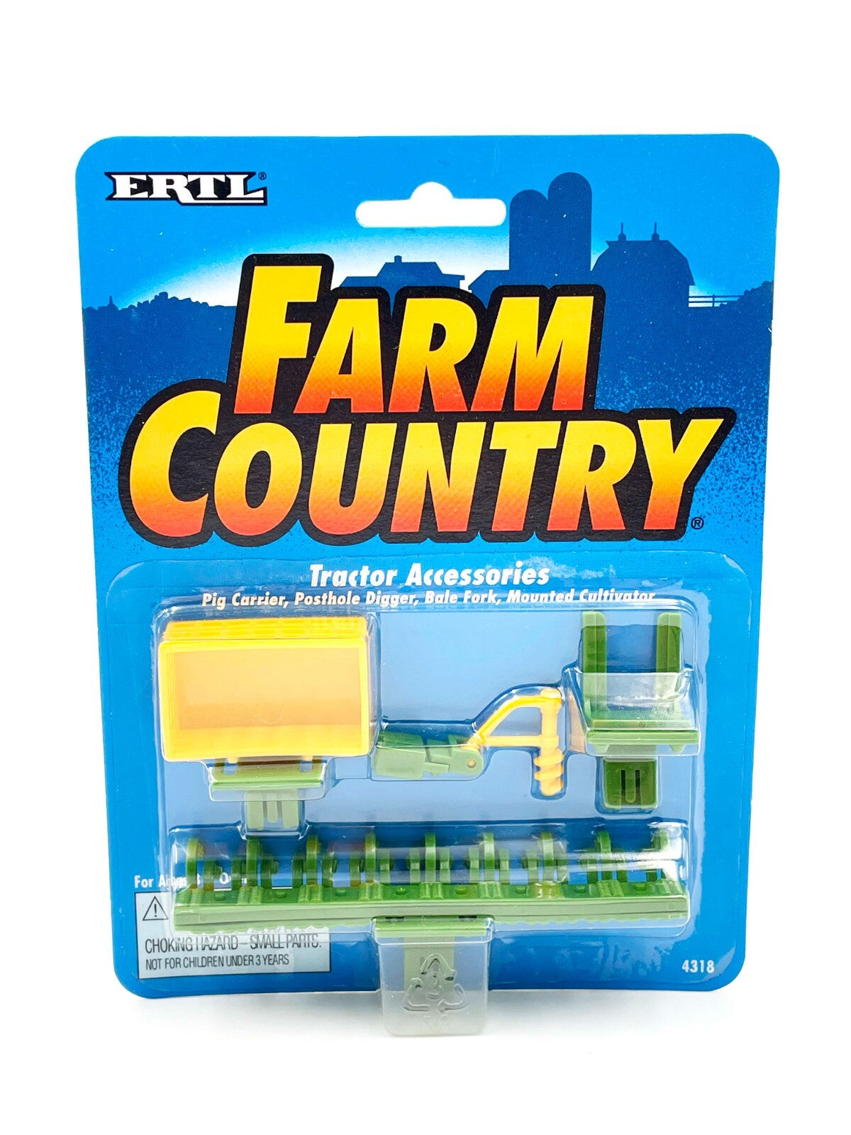 1/64 3 Pt Tractor Accessories w/ Carrier, Posthole Digger, Bale Fork, Cultivator