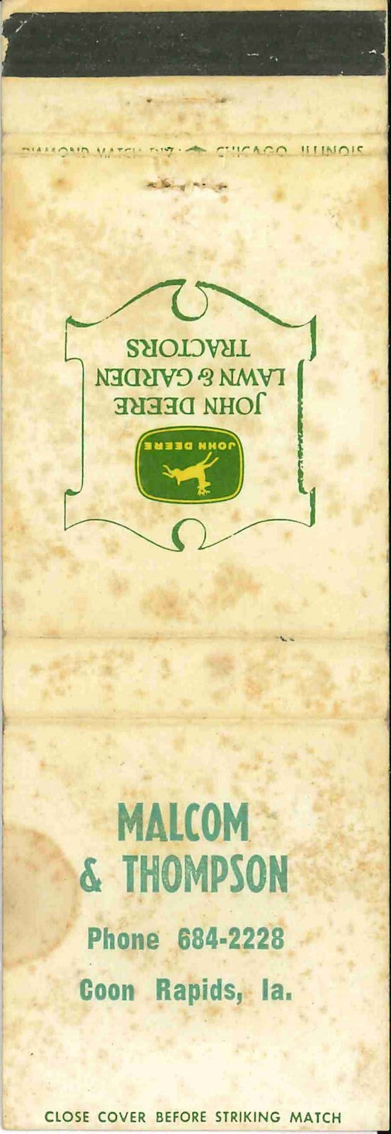 John Deere Matchbook Cover 4 Leg Lawn & Garden Malcom Thompson Coon Rapids IA