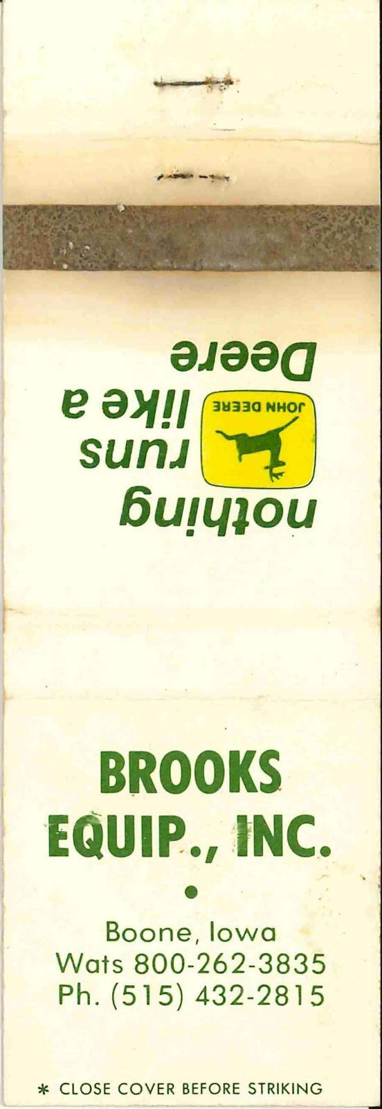 John Deere Matchbook Cover 2 Leg Brooks Equip Boone IA