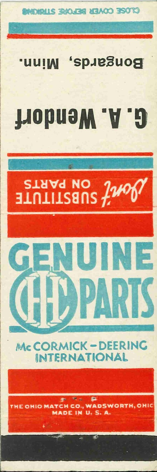 Matchbook Cover International Harvester Genuine Parts G A Wendorf Bongards Minn