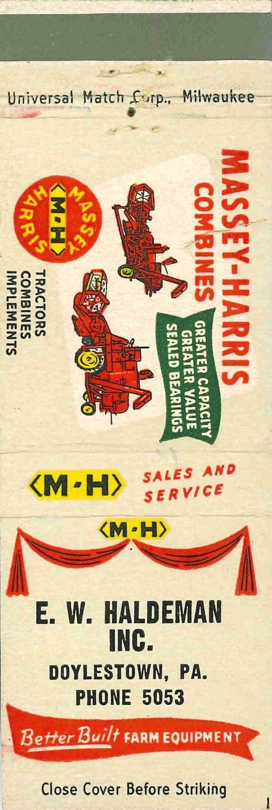 Matchbook Cover Massey Harris Combines E W Haldeman Doylestown Pennsylvania