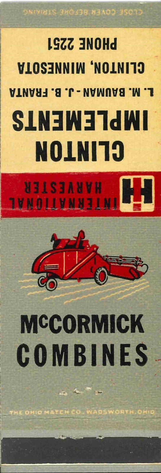 Matchbook Cover International Harvester Combine Clinton Implements Minnesota