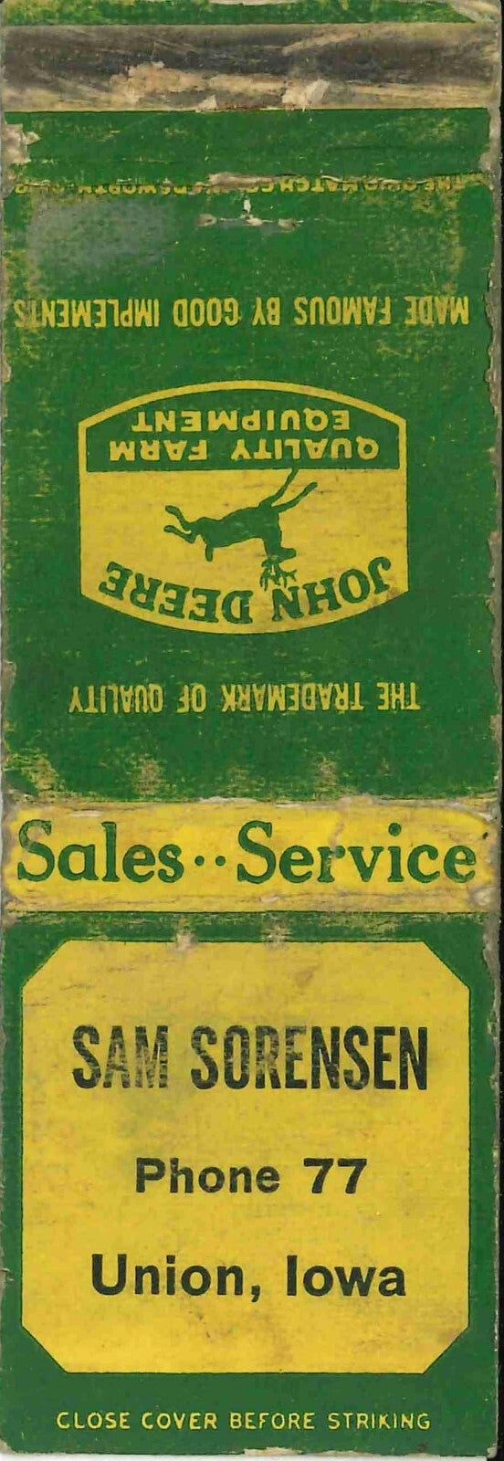 John Deere Matchbook Cover Sam Sorensen Union IA
