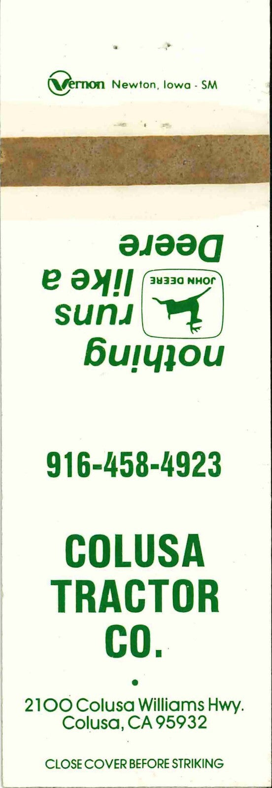 John Deere Matchbook Cover Colusa Tractor Co Colusa CA