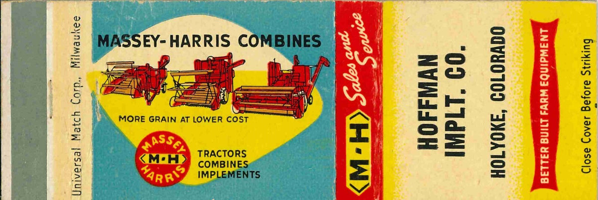 Matchbook Cover Massey Harris Combines Hoffman Implt Holyoke Colorado