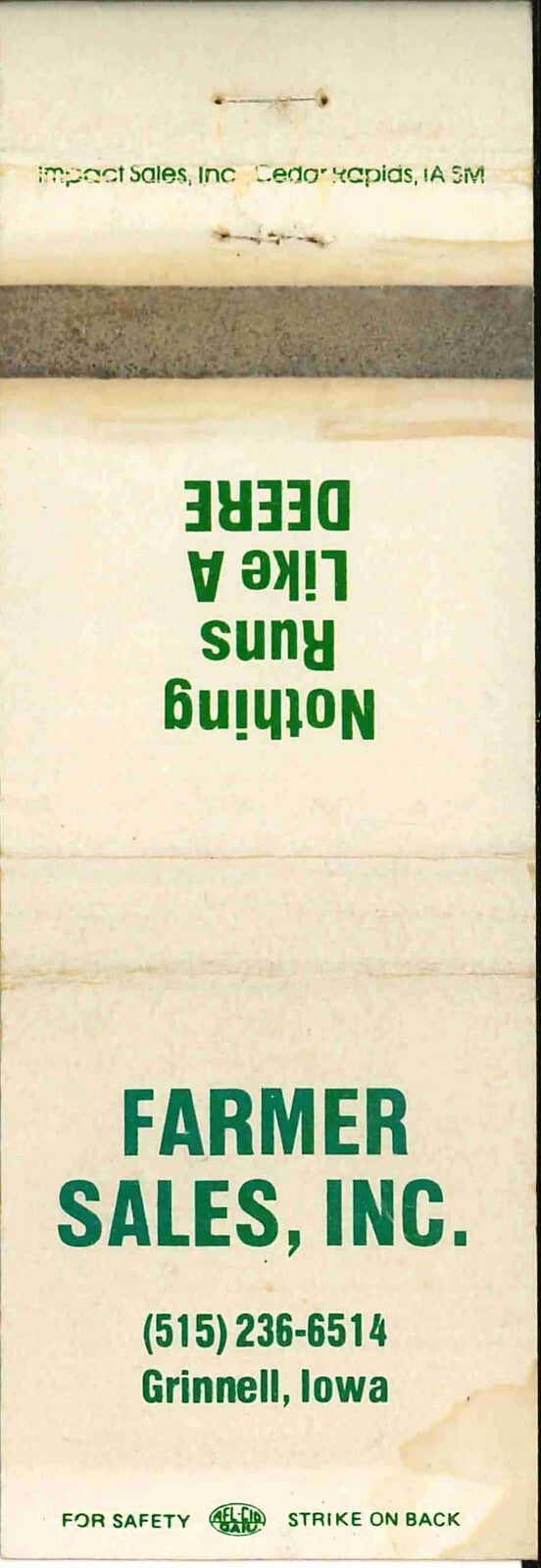 John Deere Matchbook Cover Farmer Sales Inc Grinnell IA