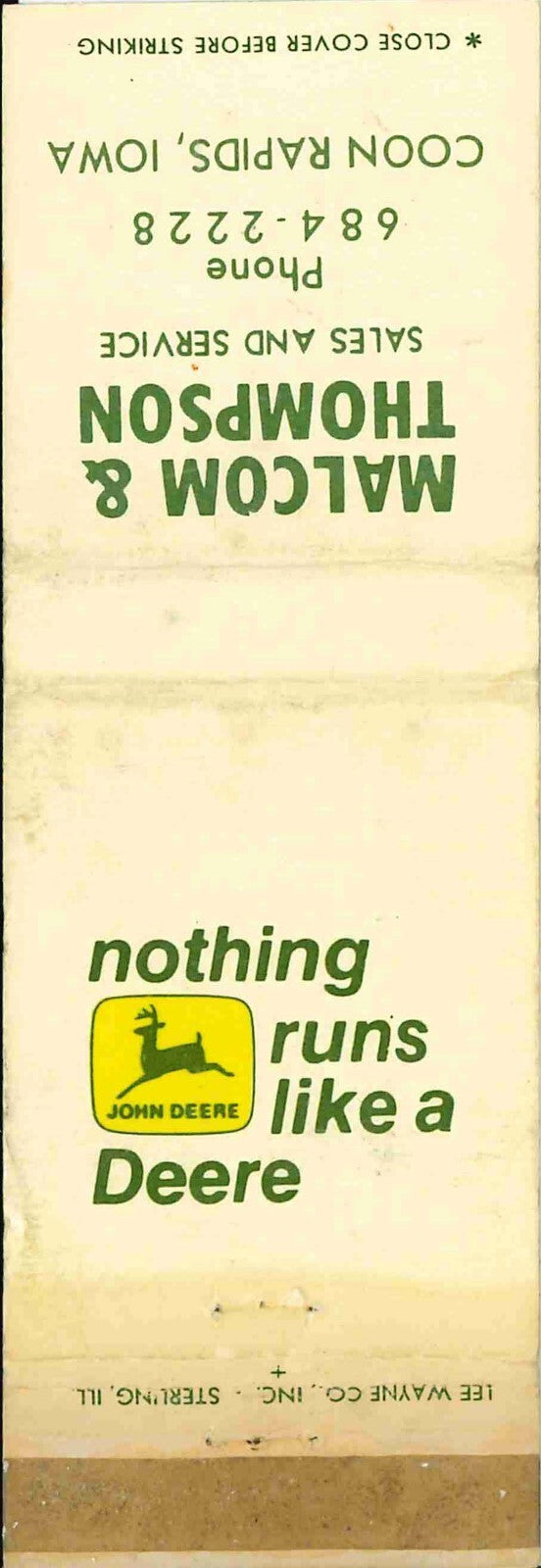 John Deere Matchbook Cover 2 Leg Malom Thompson Coon Rapids IA