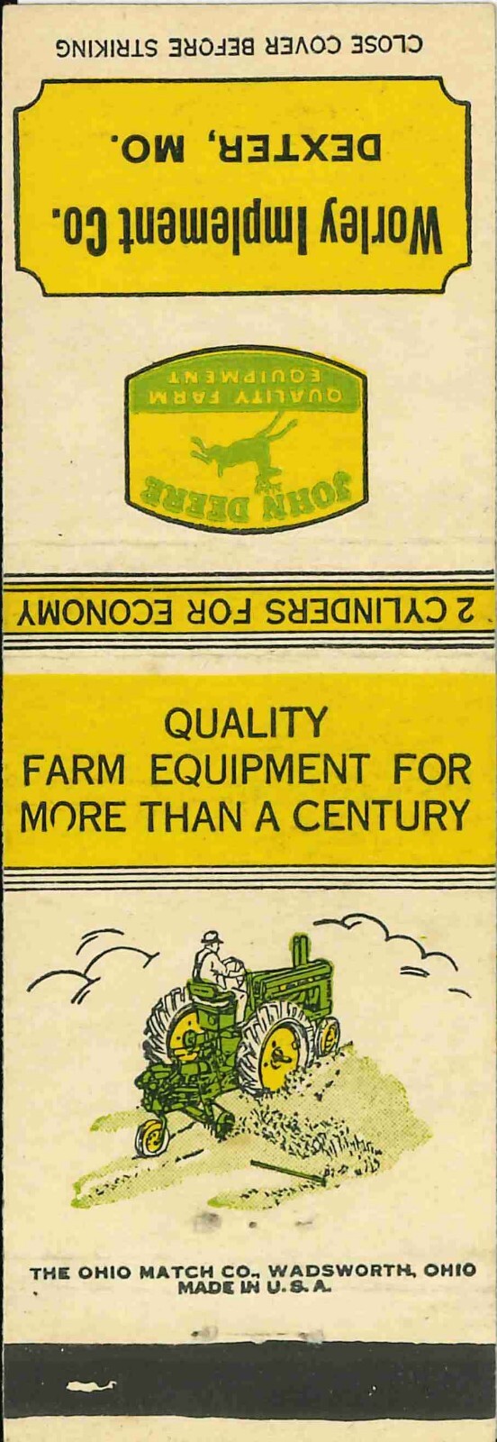 John Deere Matchbook Cover A w/ Mower Worley Imp Co Dexter MO