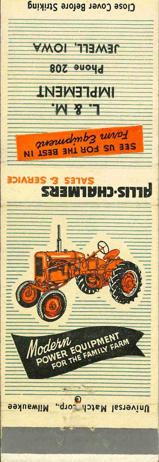 Matchbook Cover Allis Chalmers L and M Imp Jewell Iowa