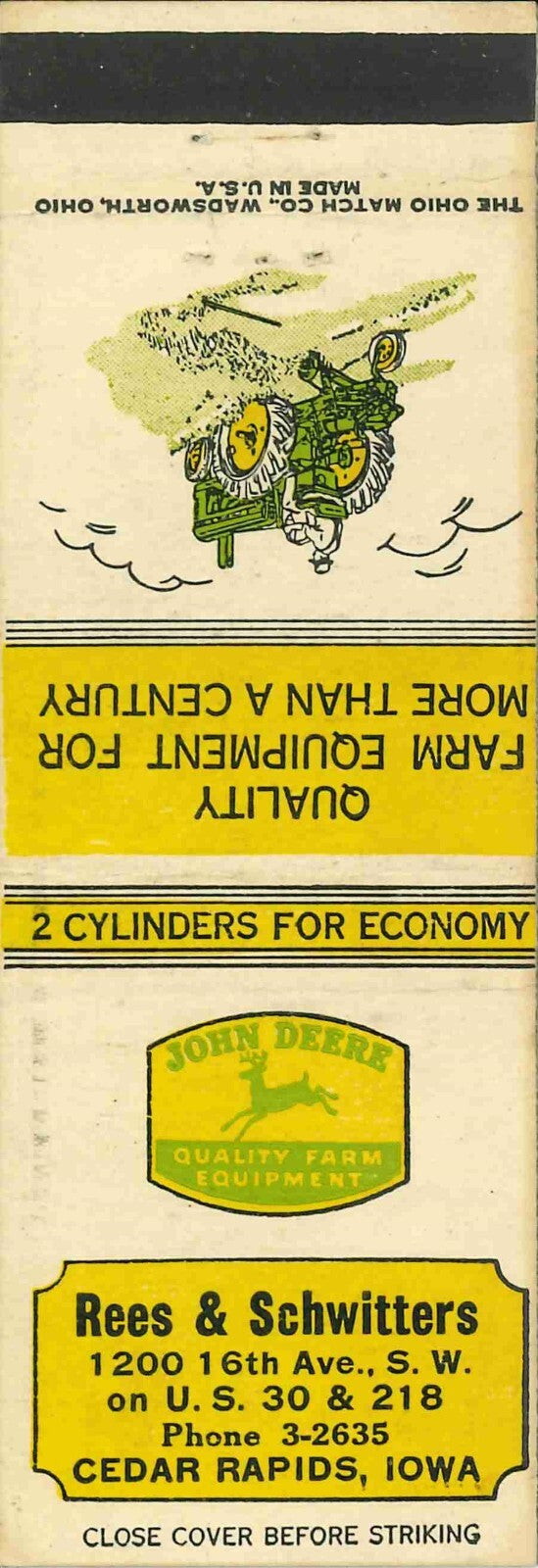 John Deere Matchbook Cover A w/ Mower Rees & Schwitters Cedar Rapids Iowa