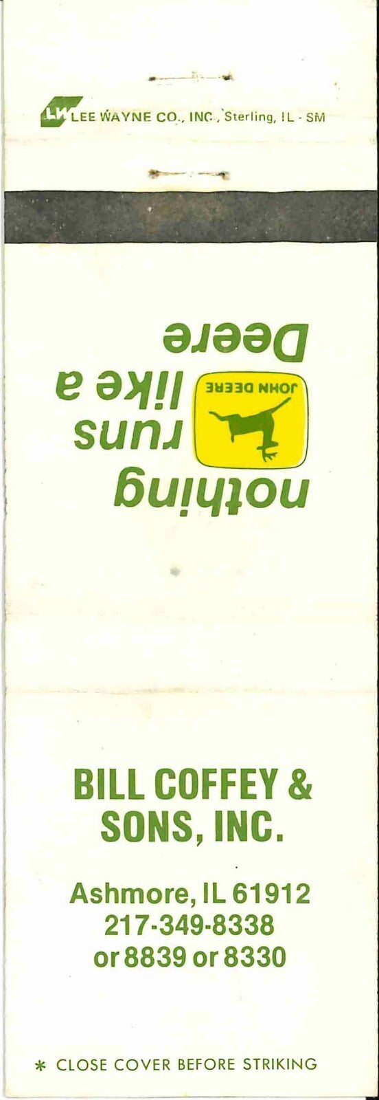 John Deere Matchbook Cover 2 Leg Bill Coffey Ashmore IL
