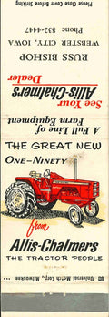 Matchbook Cover Allis Chalmers 190 Russ Bishop Webster City Iowa