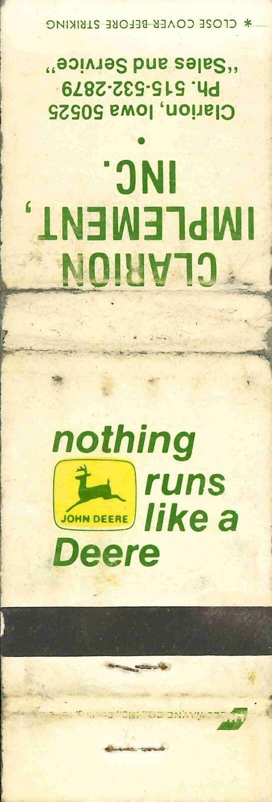 John Deere Matchbook Cover 2 Leg Clarion Implement Clarion IA