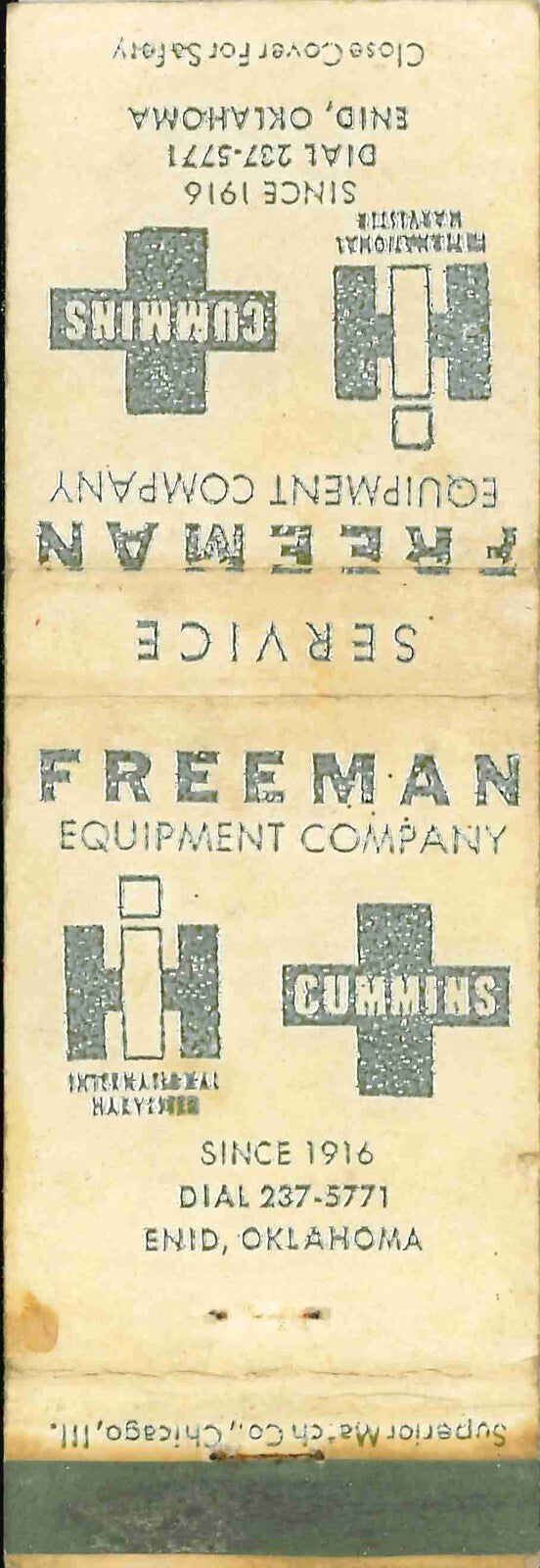 Matchbook Cover International Harvester Cummins Freeman Equip Enid OK