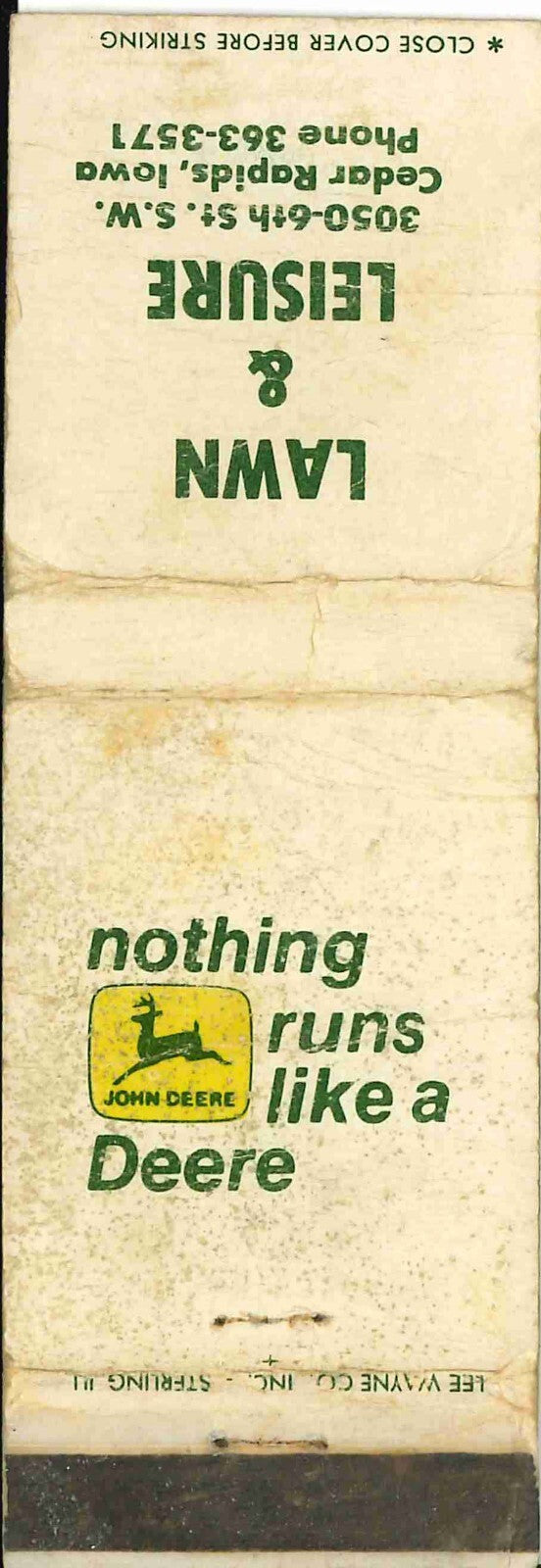 John Deere Matchbook Cover 2 Leg Lawn & Leisure Cedar Rapids IA