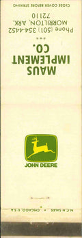 John Deere Matchbook Cover 2 Leg Maus Implement Co Morrilton ARK