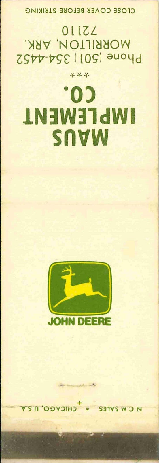 John Deere Matchbook Cover 2 Leg Maus Implement Co Morrilton ARK