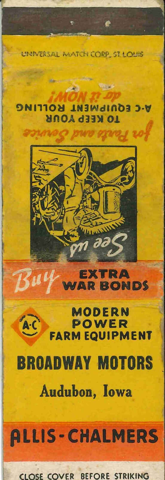 Matchbook Cover Allis Chalmers Tractor Broadway Motors Audubon Iowa