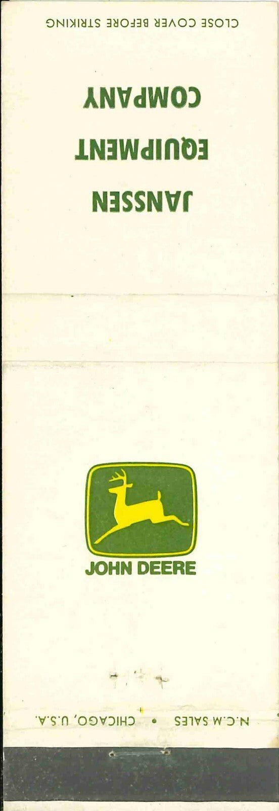 John Deere Matchbook Cover 2 Leg Janssen Equip CO