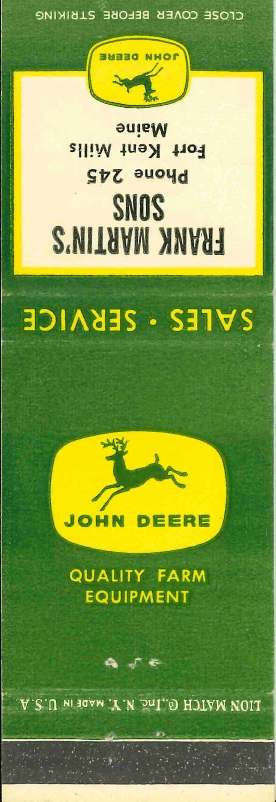 John Deere Matchbook Cover 4 Leg Frank Martins Fort Kent Mills Maine