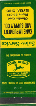John Deere Matchbook Cover QFE Kane Implement & Supply CO Elyria Ohio