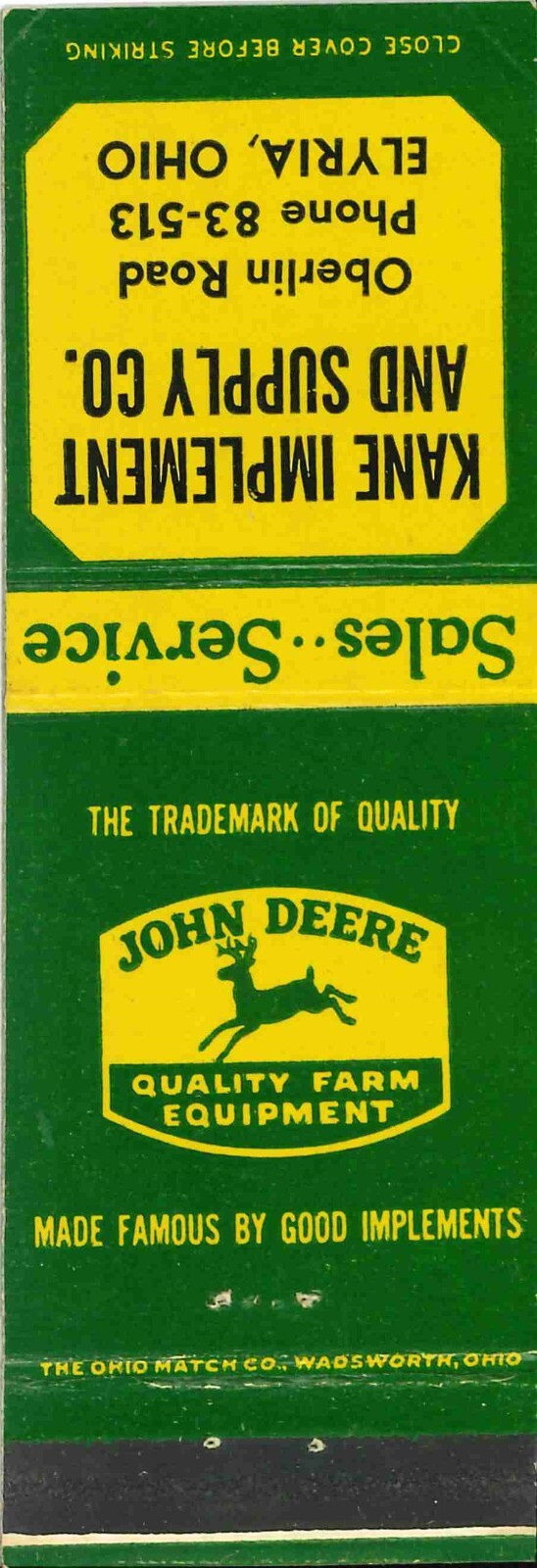 John Deere Matchbook Cover QFE Kane Implement & Supply CO Elyria Ohio