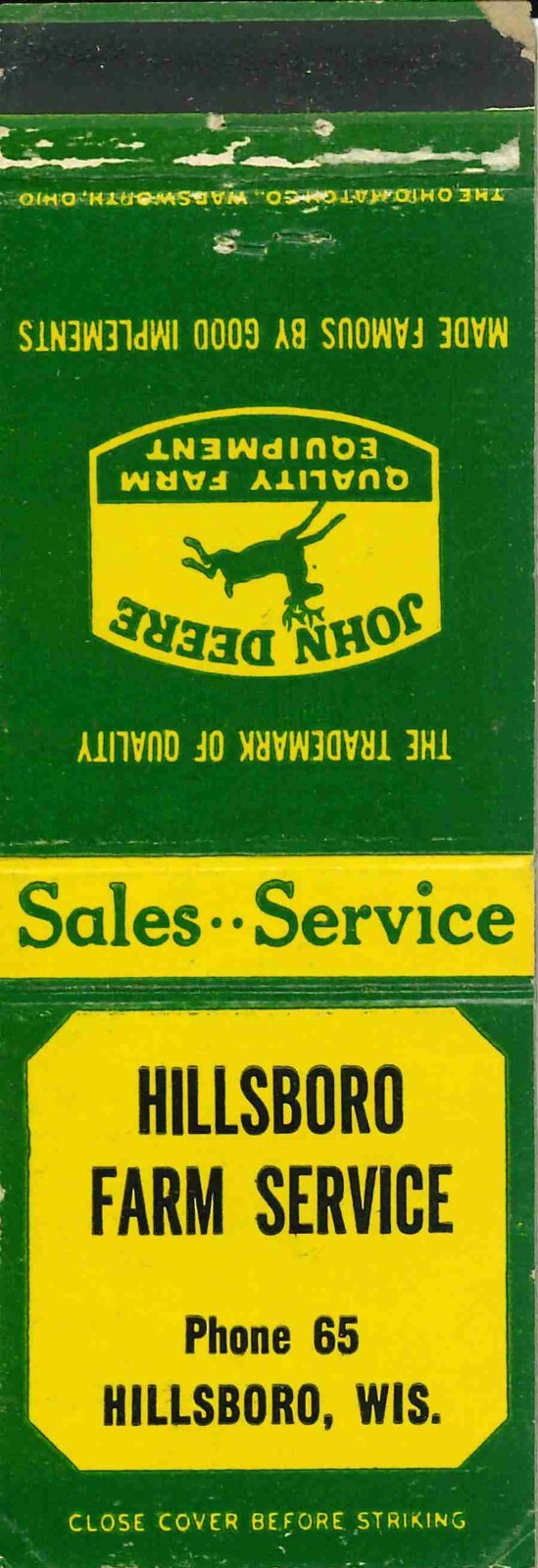 John Deere Matchbook Cover QFE Hillsboro Farm service Hillsboro Wisconsin