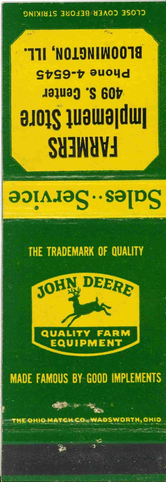 John Deere Matchbook Cover QFE Farmers Implement Store Bloomington Illinois