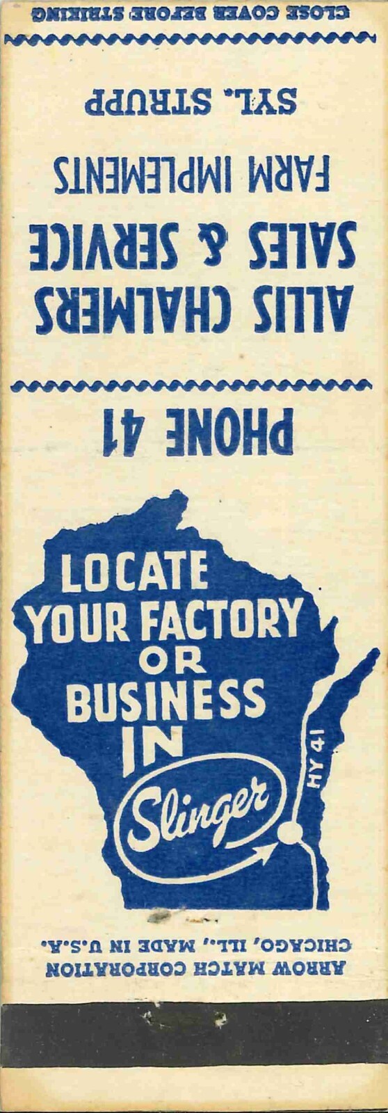 Matchbook Cover Allis Chalmers Syl Strupp Slinger Wisconsin