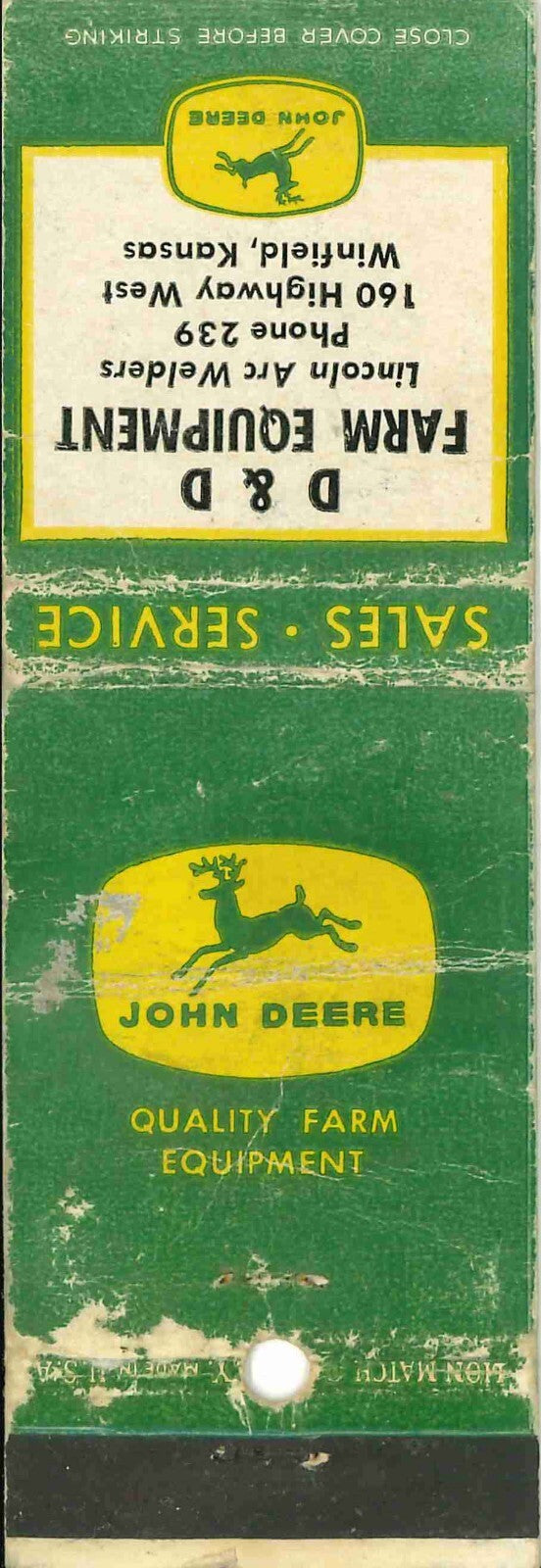 John Deere Matchbook Cover 4 Leg D D Farm Equip Winfield KS