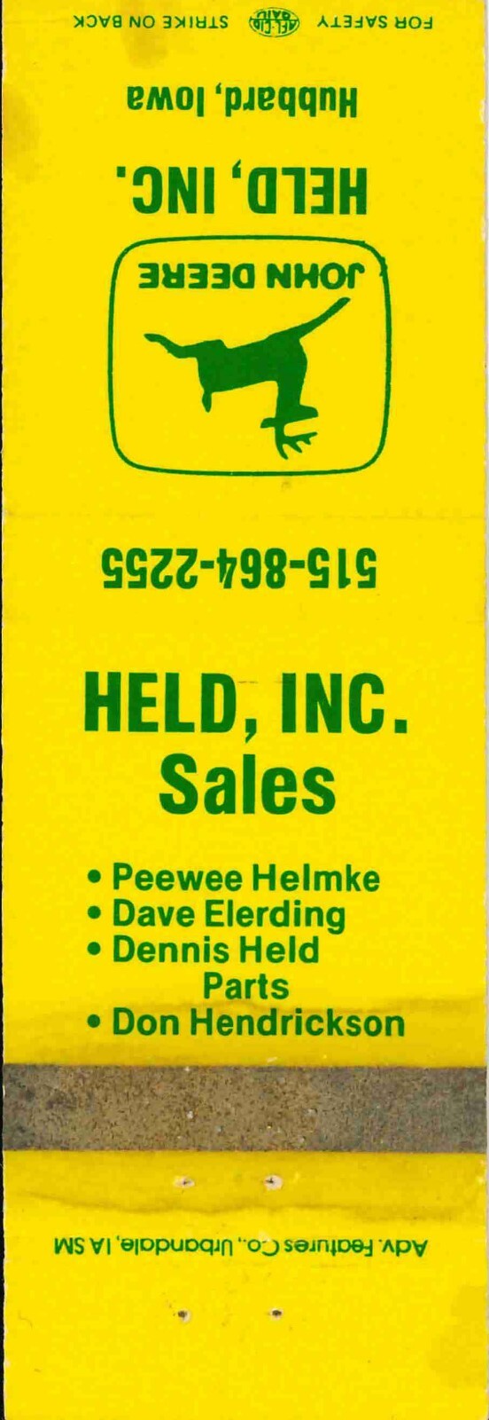John Deere Matchbook Cover Held Inc Hubbard IA