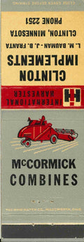 Matchbook Cover International Harvester Combine Clinton Implements Minnesota