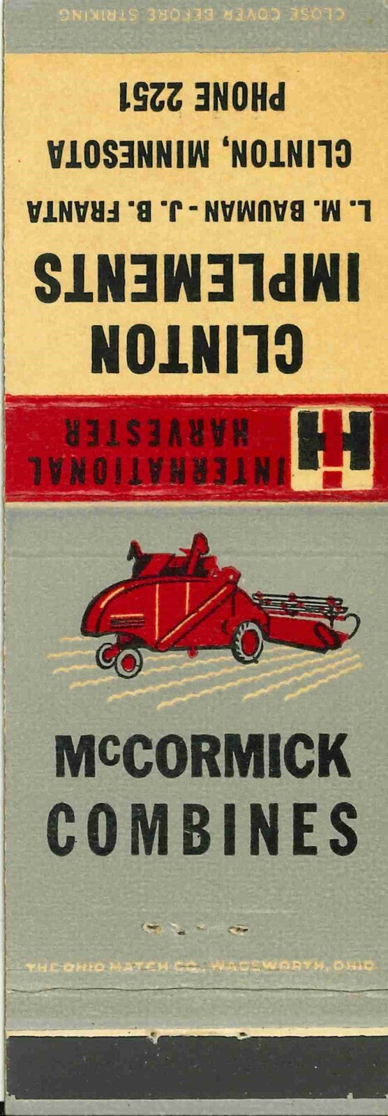 Matchbook Cover International Harvester Combine Clinton Implements Minnesota