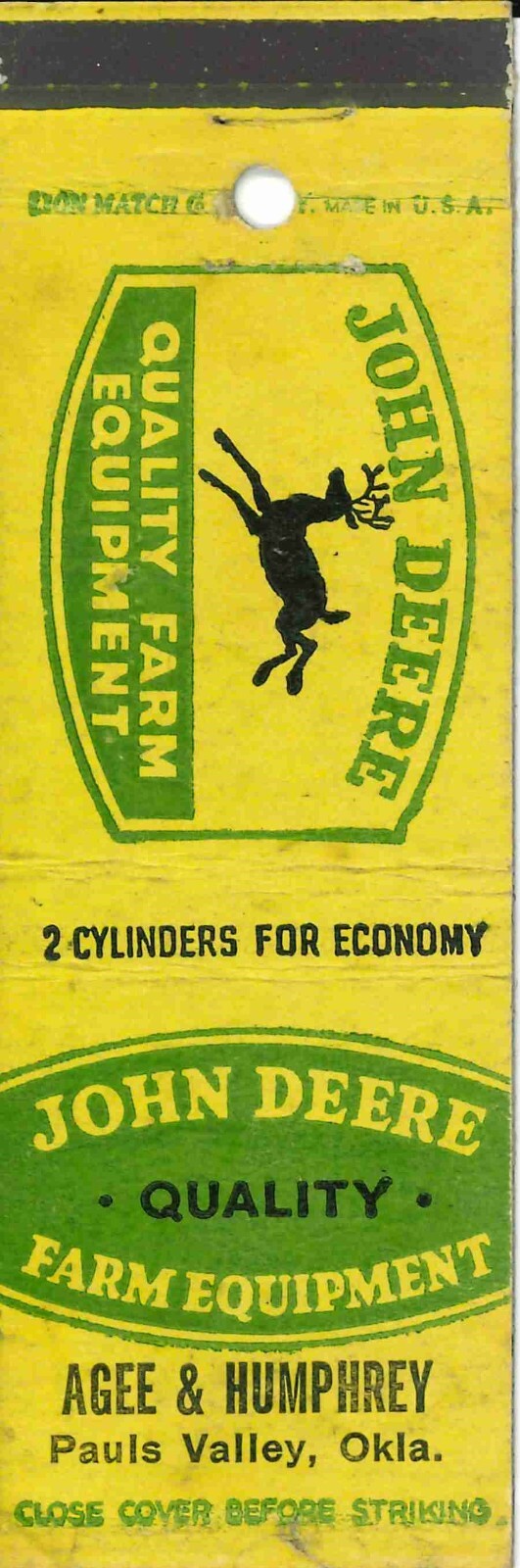 John Deere Matchbook Cover QFE Agee & Humphrey Pauls Valley Oklahoma