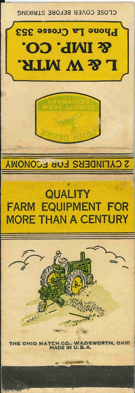 John Deere Matchbook Cover A w/ Mower L W Imp Co La Crosse
