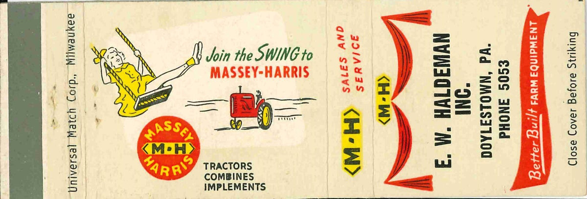 Matchbook Cover Massey Harris Tractors E W Haldeman Doylestown Pennsylvania