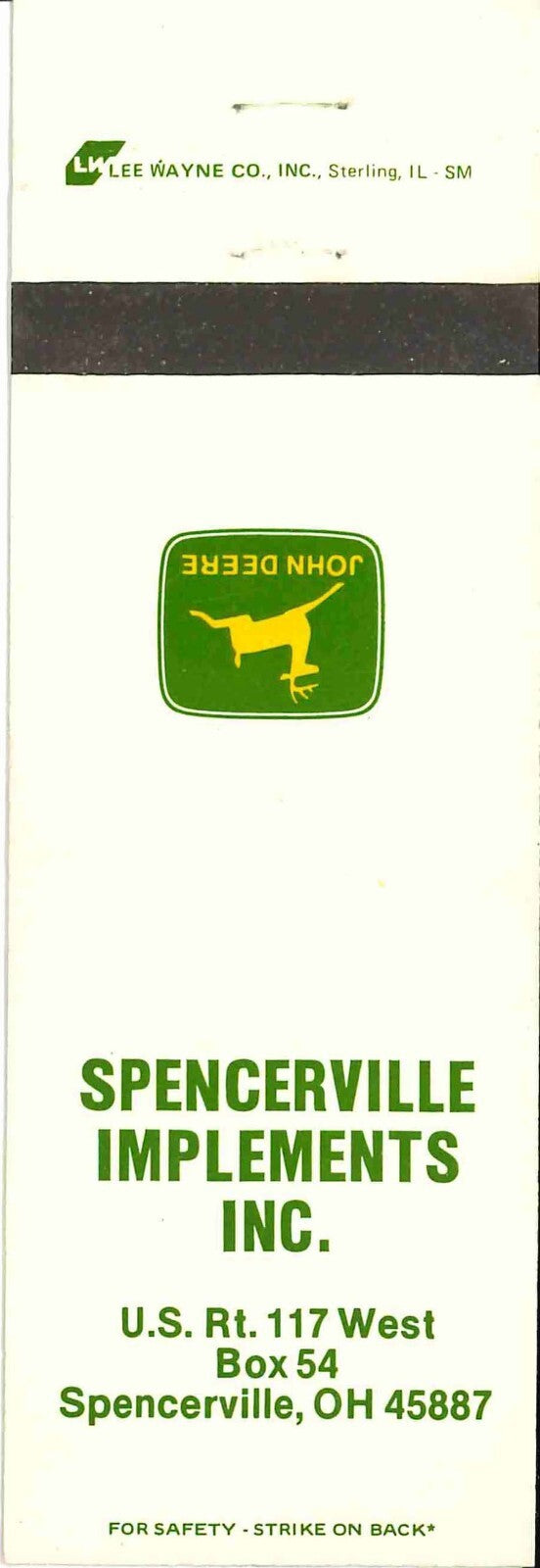 John Deere Matchbook Cover 2 Leg Spencerville Imp Spencerville OH