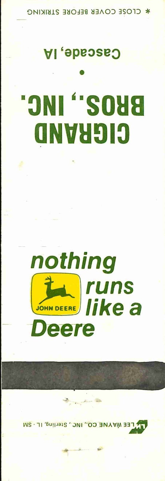 John Deere Matchbook Cover 2 Leg Cigrand Bros Cascade IA