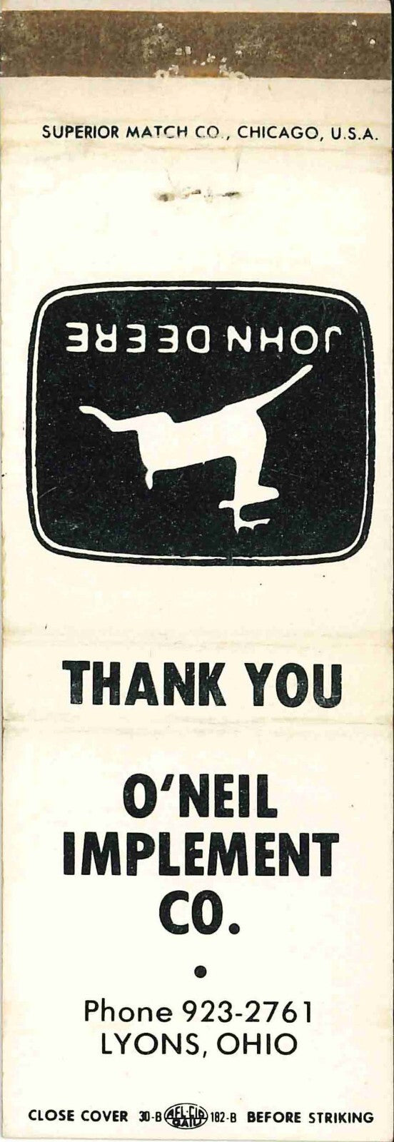 John Deere Matchbook Cover O Neil Implement Lyons OH