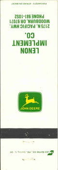 John Deere Matchbook Cover 2 Leg Lenon Imp Co Woodburn OR
