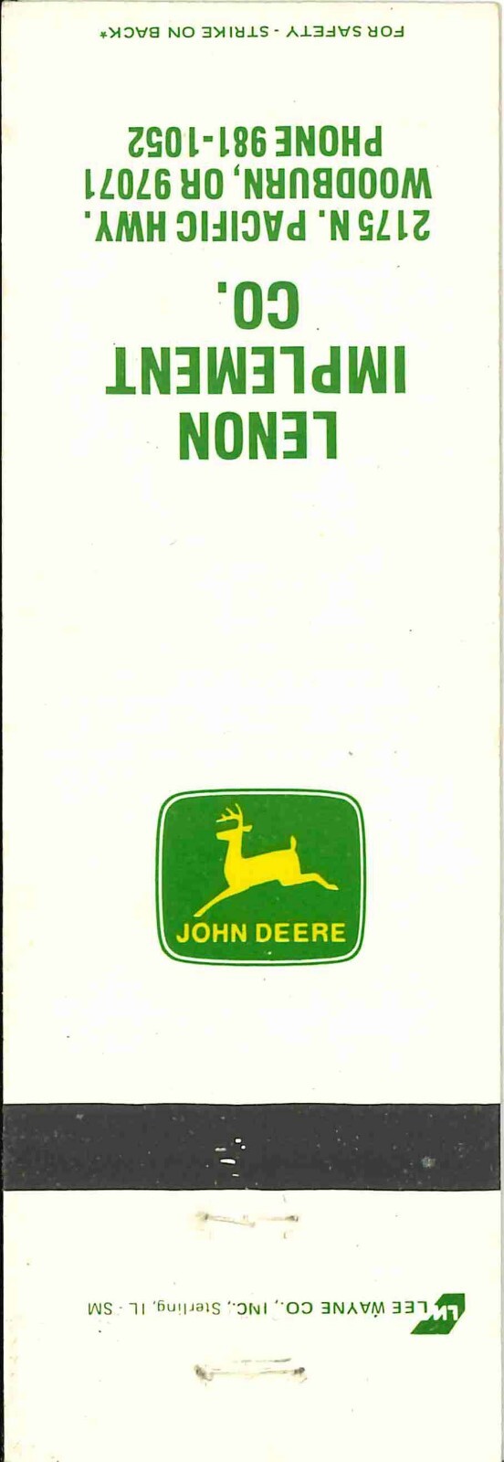 John Deere Matchbook Cover 2 Leg Lenon Imp Co Woodburn OR