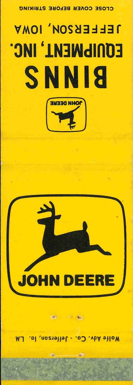 John Deere Matchbook Cover Binns Equipment Jefferson IA