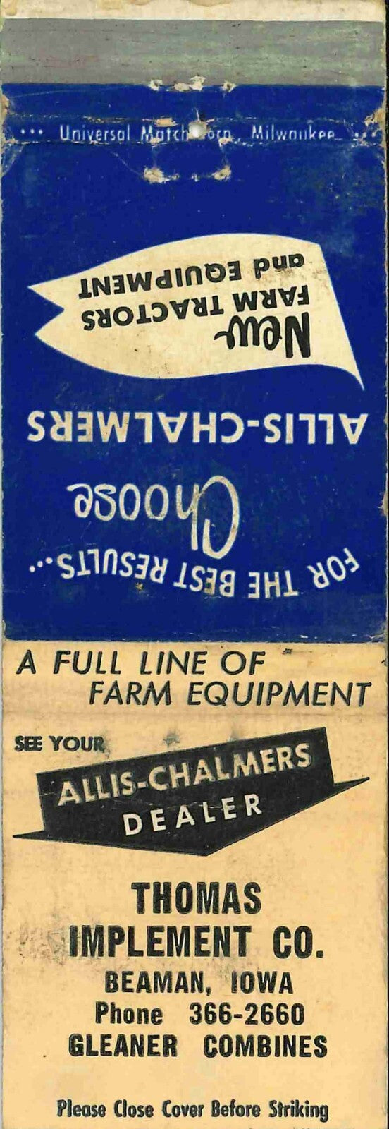 Matchbook Cover Allis Chalmers Gleaner Thomas Implement Co Beaman Iowa