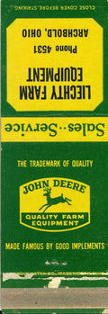 John Deere Matchbook Cover QFE Liechty Farm Equipment Archbold Ohio